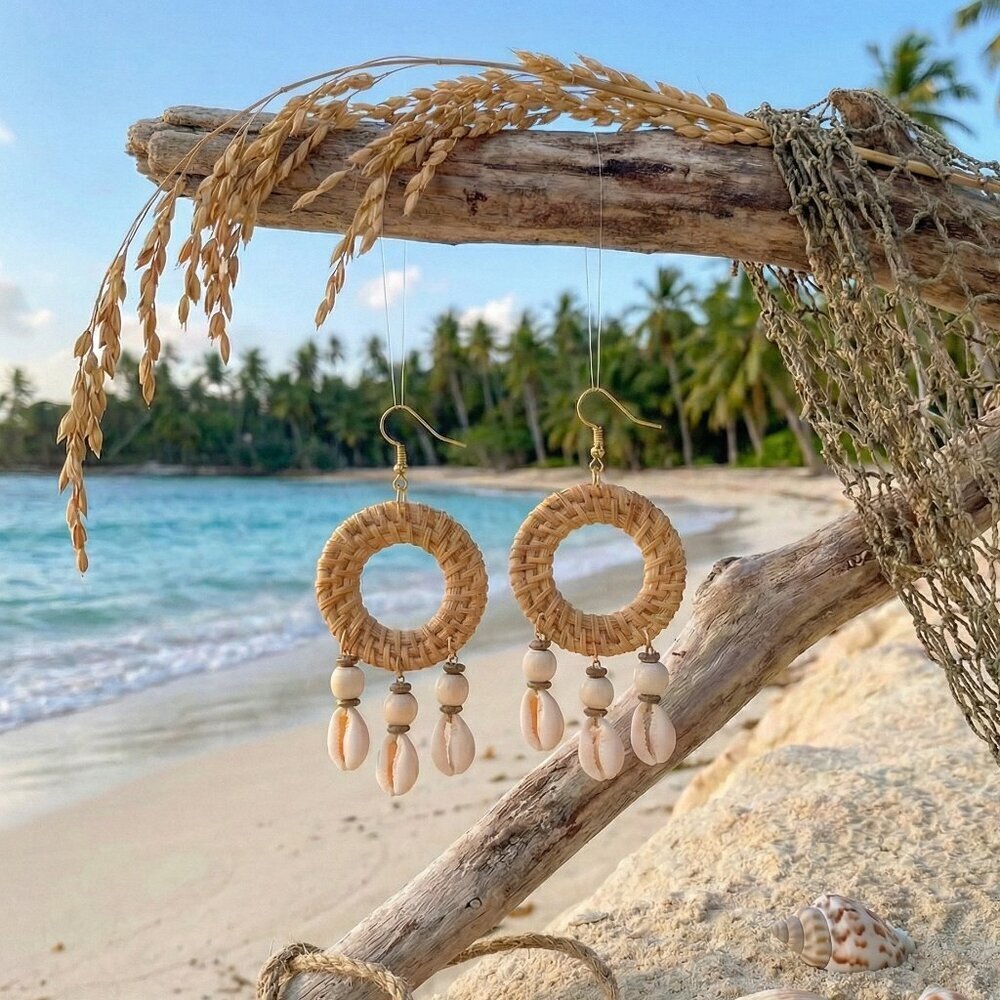 Rattan Woven Hoop Earrings Cowrie Shell Dangle Boho Coastal Mermaidcore Beach - Picture 16 of 16